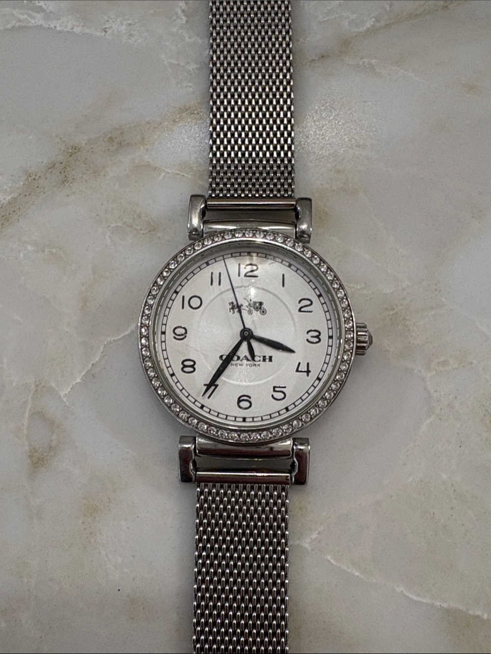 Coach Silver Tone Mesh Bracelet Crystal Bezel Watch - White Dial